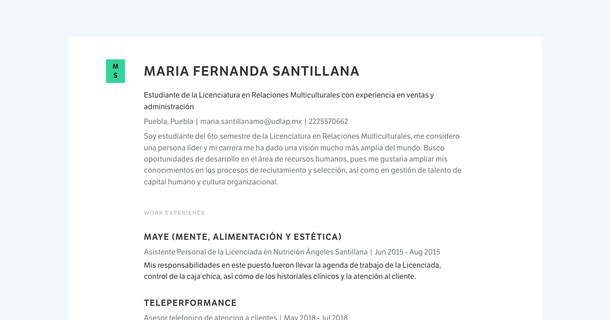 Maria Fernanda Santillana S Resume Asistente Personal De La