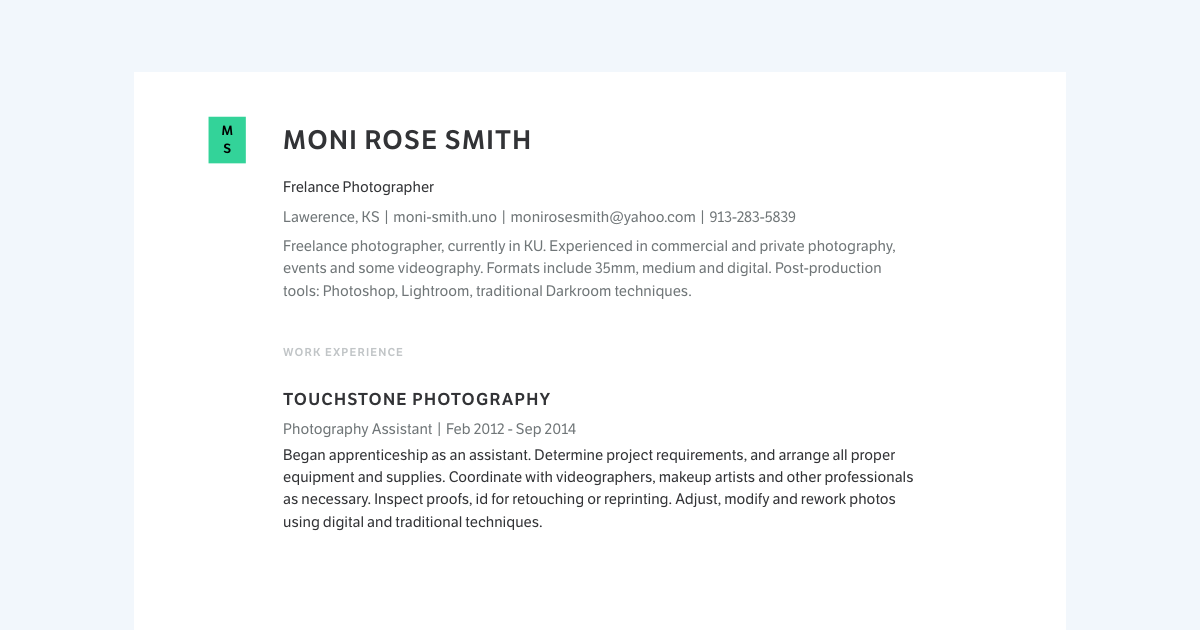 Moni Rose Smith's Resume | Photography Assistant at Touchstone Photography