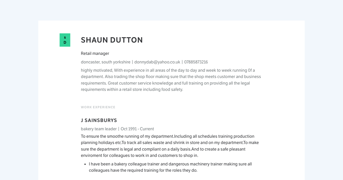 shaun Dutton's Resume | bakery team leader at j sainsburys