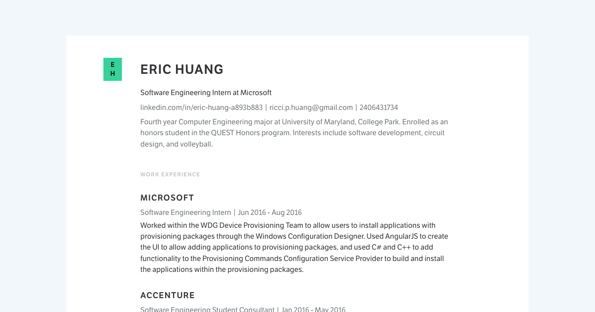 Eric Huang's Resume | Software Engineering Intern at Microsoft
