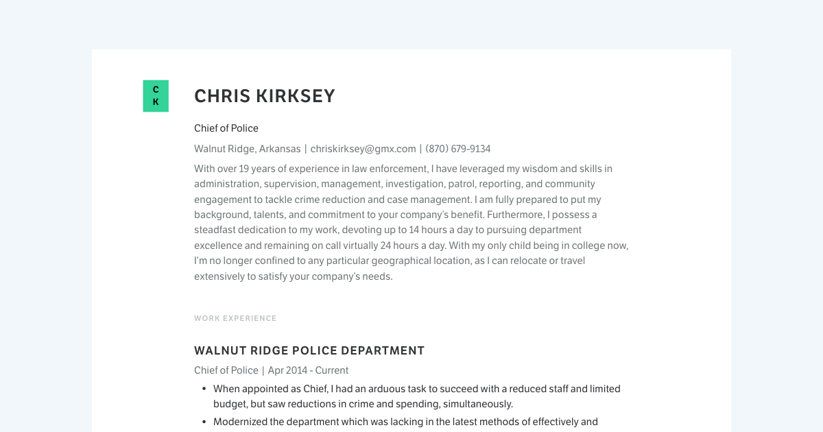 Chris Kirksey's Resume | Chief of Police at Walnut Ridge Police Department