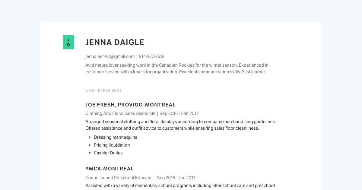 Jenna Daigle's Resume Clothing And Floral Sales Associate at Joe