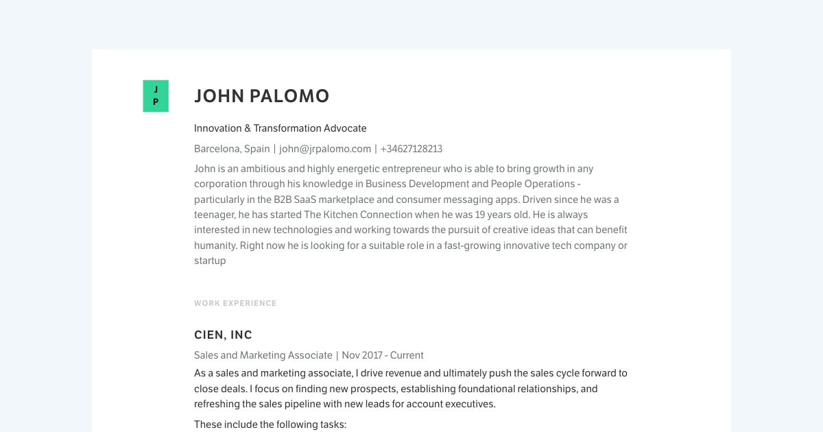 John Palomo's Resume | Sales and Marketing Associate at Cien, Inc