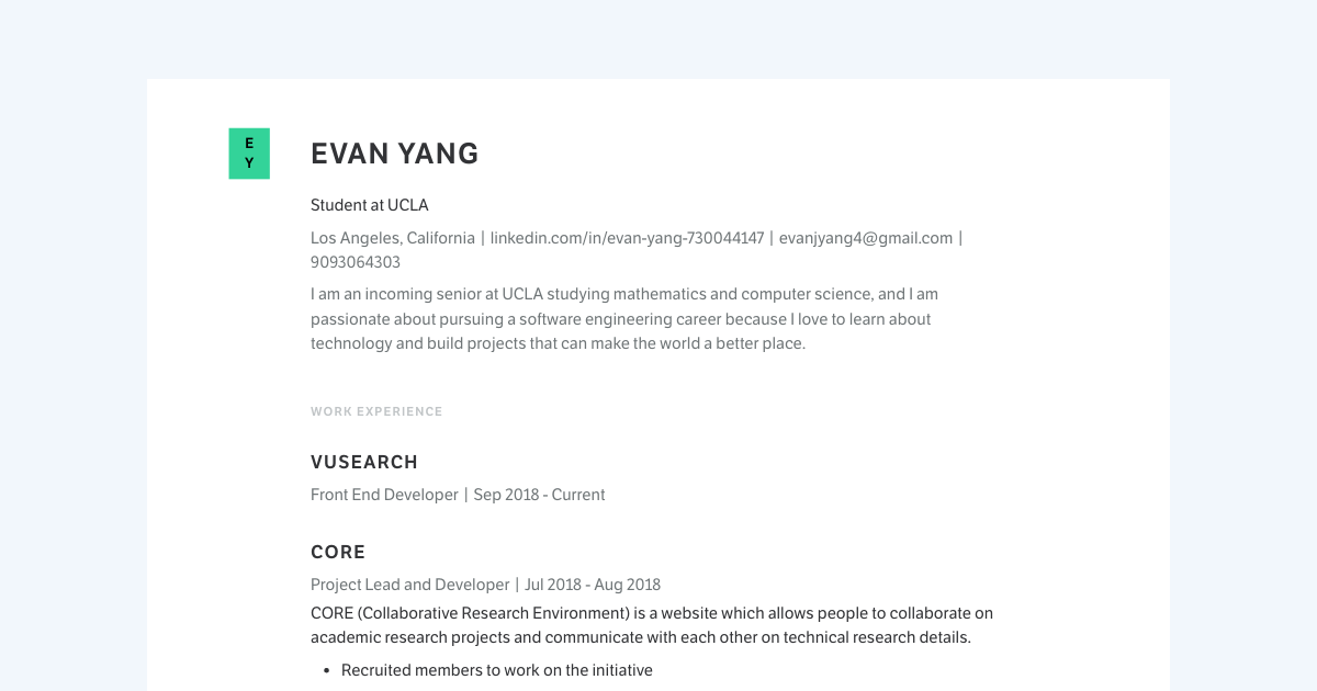 Evan Yang's Resume | Front End Developer at VuSearch