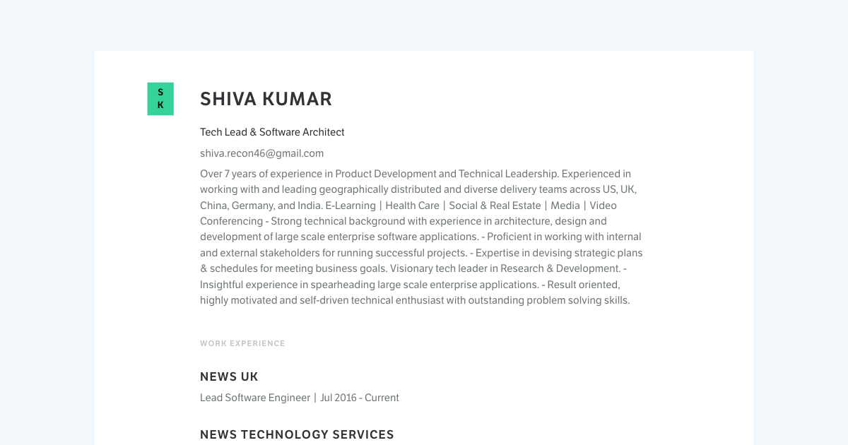 Shiva Kumar's Resume | Lead Software Engineer at News UK