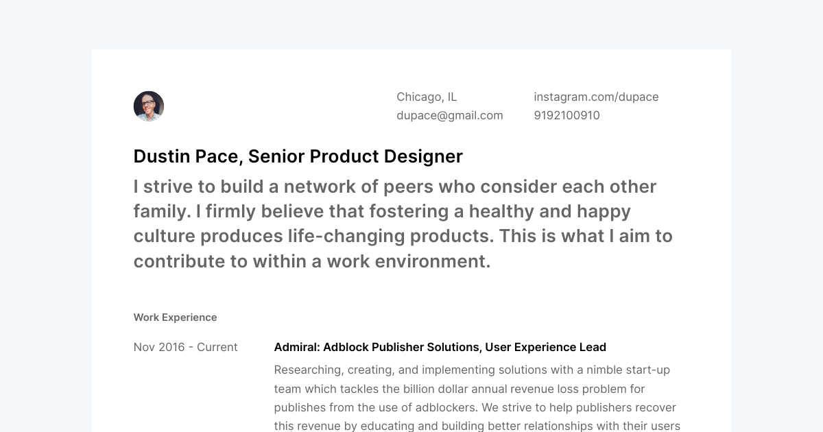 Dustin Pace's Resume | User Experience Lead at Admiral: Adblock ...
