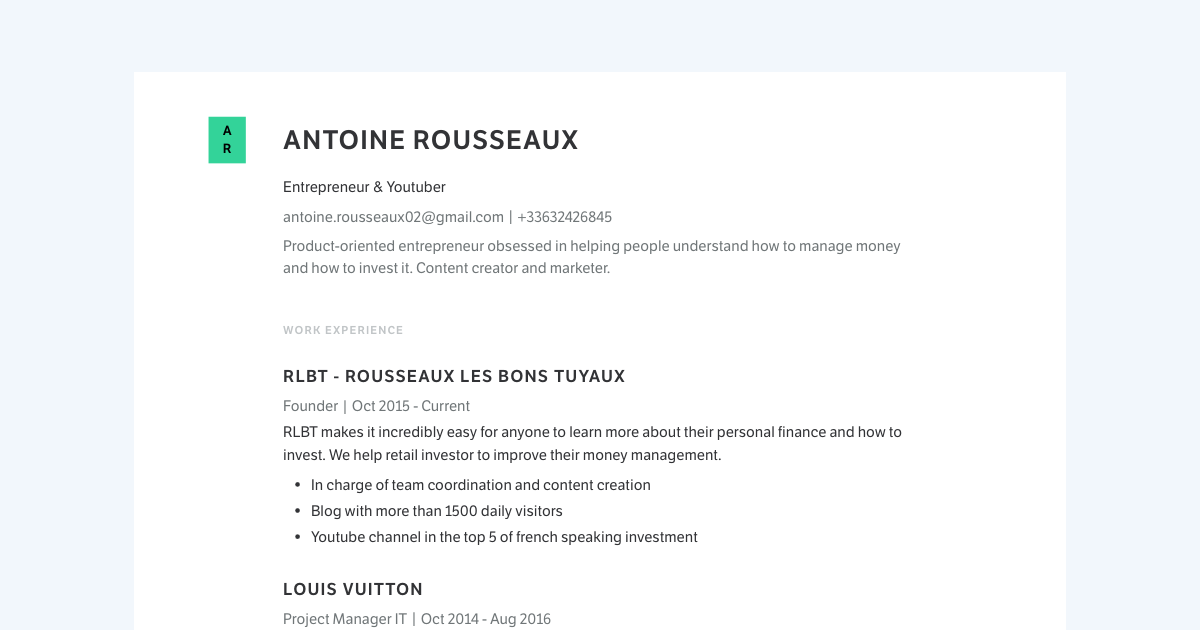 Antoine Rousseaux's Resume | Founder at RLBT - Rousseaux Les Bons Tuyaux