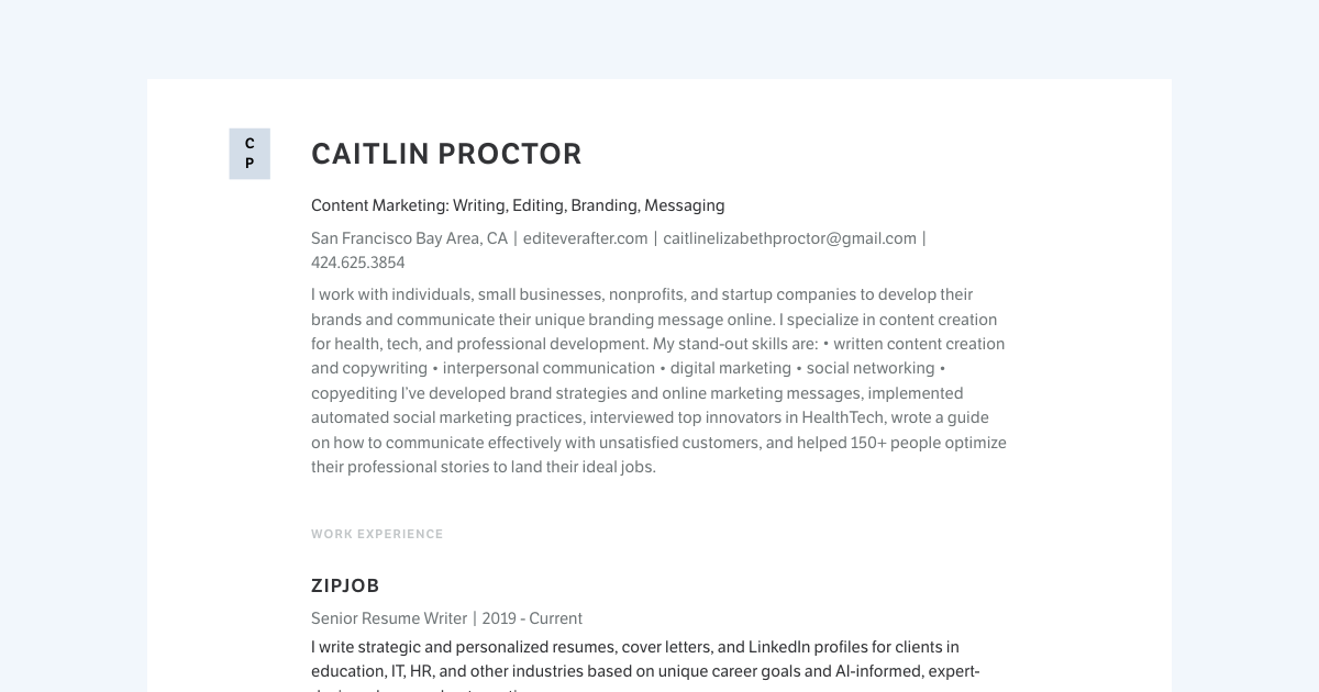 Caitlin Proctor's Resume | Senior Resume Writer at Zipjob